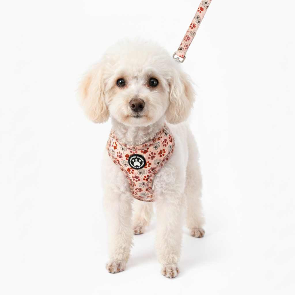 komplet Snudles sæt med lyserødt og brunt potespor mønster: Justerbar hundesele, matchende halsbånd og hundesnor. 2 