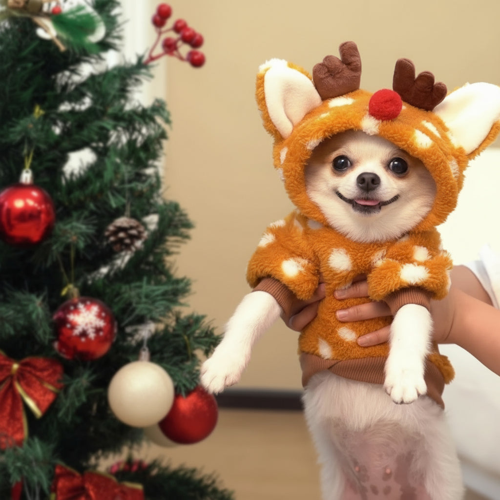 Sød pomeranian hvalp i snudles' bløde rensdyr juletrøje med hætte, foran et pyntet juletræ