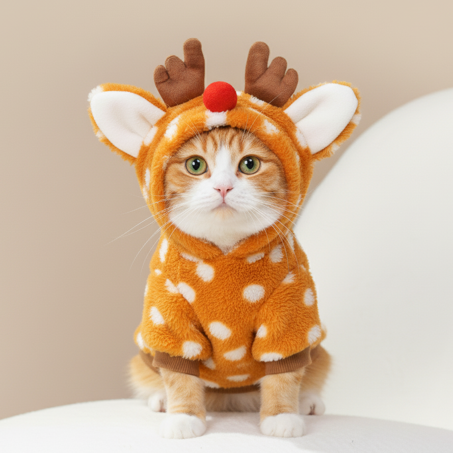 Sød kat i snudles' bløde rensdyr juletrøje/heldragt. Perfekt og varmt katte tøj til jul og vinter